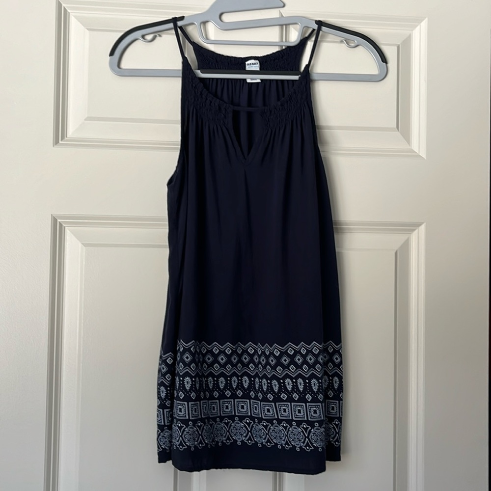 Small Old Navy tank top. Spaghetti straps. Smocking at top. White detail at hem